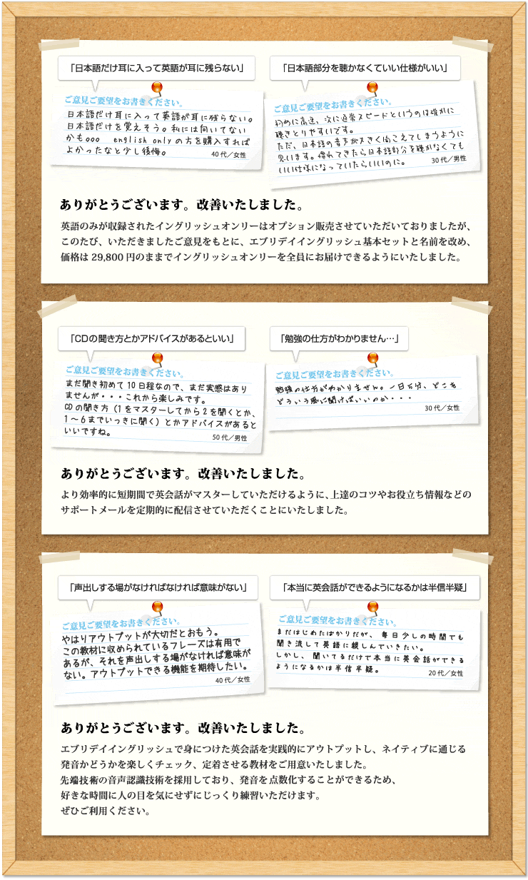 いただいたご意見をもとに、一つでも多く改善いたします。